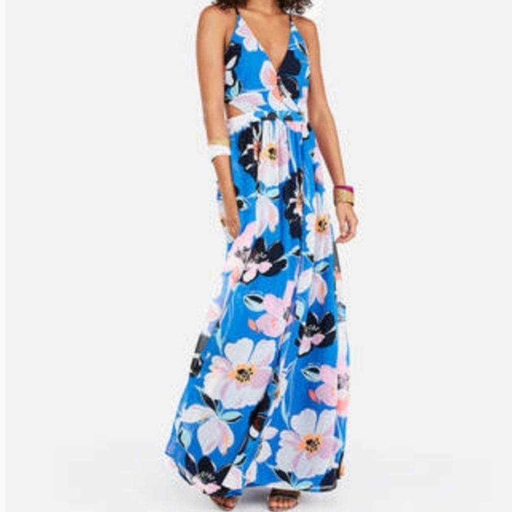 Express Blue Floral Maxi Dress with Pink & Black Accents